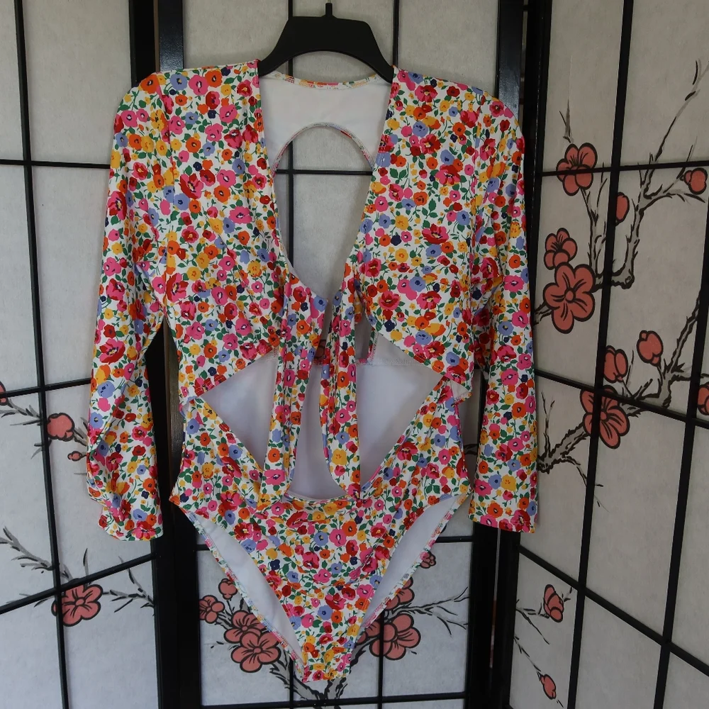 SHEIN Red Pink Floral Long Sleeve Cut Out Tie Chest Swimsuit Plus Size 2XL NWOT